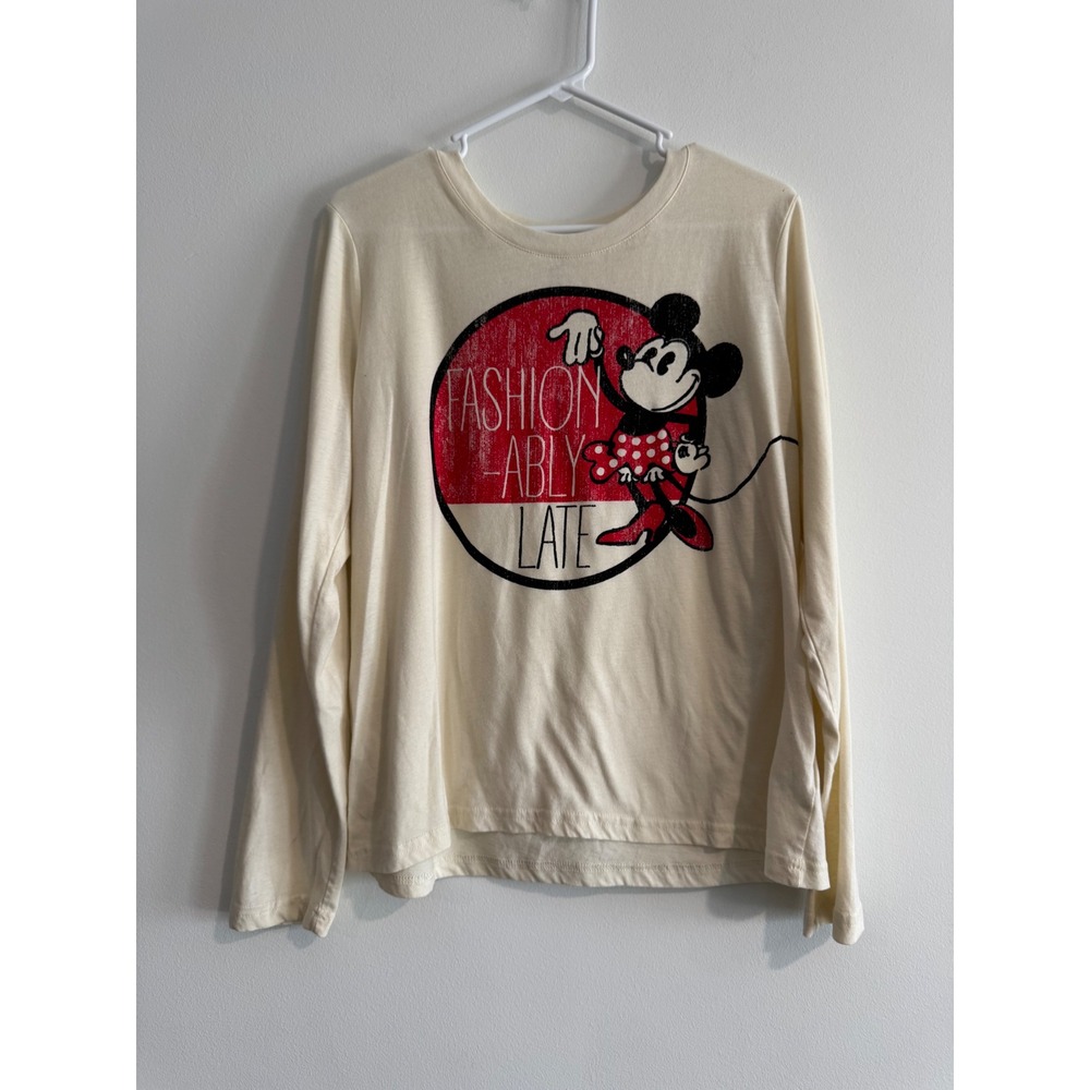 Disney Minnie Mouse Fashionably Late Shirt Women XL Cream Long Sleeve Vintage